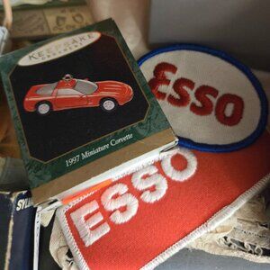 Lot of Vintage Hallmark small Corvette Christmas Ornament & two Esso patches!